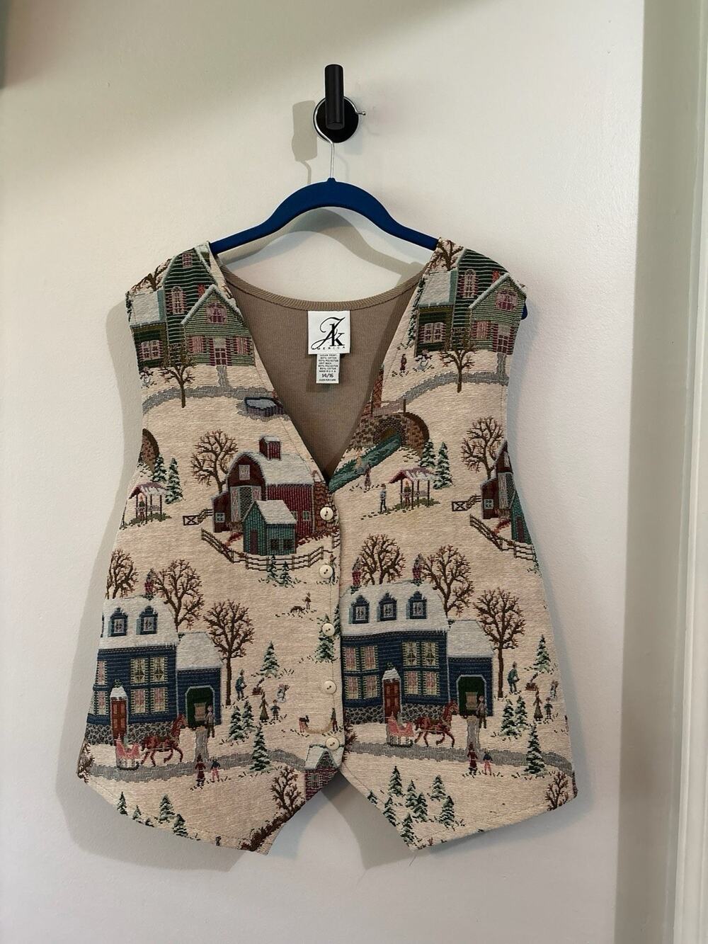 Vintage JK America Women's Tapestry Vest Size 14-16 Winter Scene Cottagecore